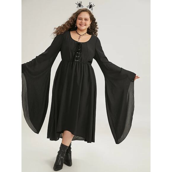 Size 14 - 16 • 1x • BloomChic • Halloween Plain Pocket Lace Up Bell Sleeve Dress - Picture 1 of 7
